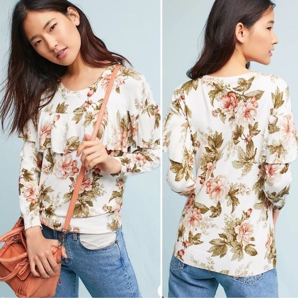 Anthropologie Sweaters - Anthropologie Harlyn Ritchie Floral Ruffle Sweater